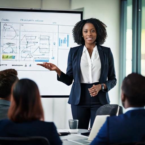 Picture of a business woman in front a audience engaging them and providing coaching so they can meet their goals. 